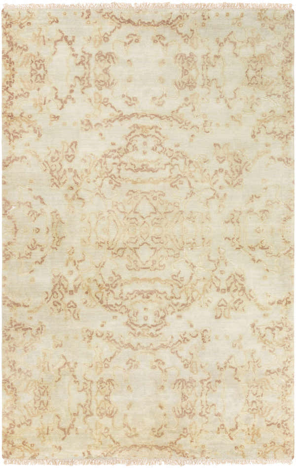 Close-up of Macclenny Area Rug. Hand-knotted wool rug in grass green with light sage and peach floral pattern. Rectangle shape. Design-Rectangle