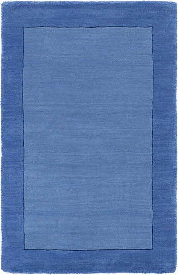 Close-up of a Macedon Blue Bordered Wool Rug. Features a solid light blue center and a dark blue border. Hand-loomed texture. Design-Rectangle-23