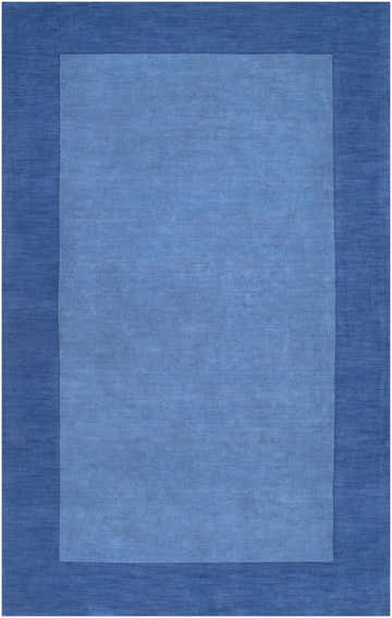 Close-up of the Macedon Blue Bordered Wool Rug. The rug features a light blue center and a dark blue border. Design-Rectangle-58