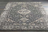 Close-up of the Macgregor Area Rug. Charcoal gray rug with a light gray, hand-loomed, bohemian-inspired pattern. Styleshot