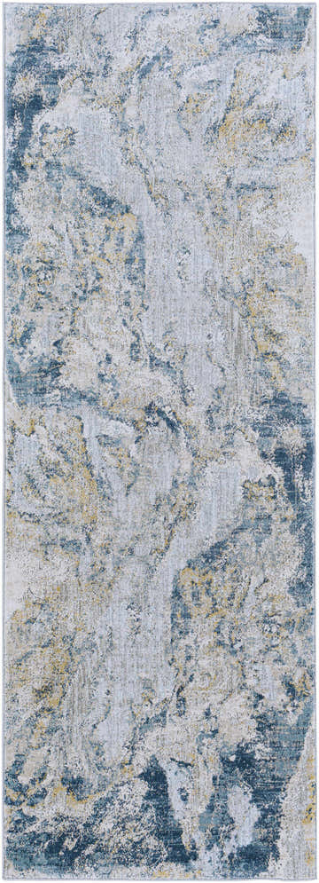 Close-up of the Maddington Gray Marble Thick Luxe Rug. Abstract design in dusty sage, light gray, navy, and white. Design-Runner-2773