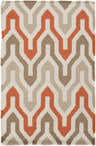 Close-up of the hand woven Madisonburg Area Rug. Cream, medium brown, and orange geometric pattern. 100% wool texture. Design-Rectangle-23