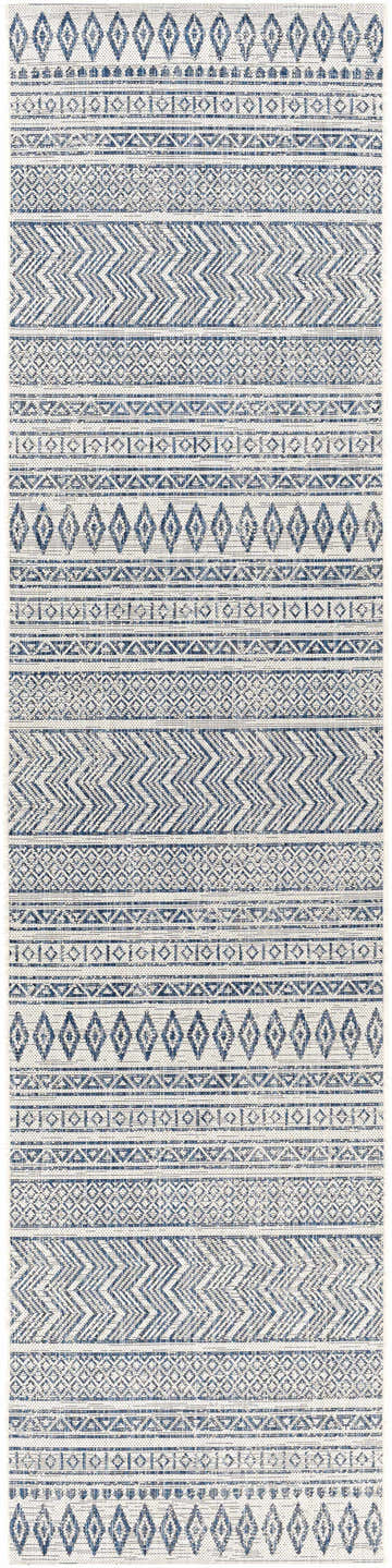 Close-up of Madras Light Blue Green All Over Performance Area Rug with geometric patterns and woven texture. Design-Runner-2710