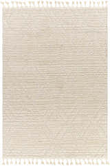 Close-up of the Maduao Area Rug in bone and driftwood. Features a geometric pattern, tassels, and a soft, textured pile. Design-Rectangle-537