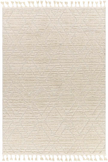 Close-up of the Maduao Area Rug in bone and driftwood. Features a geometric pattern, tassels, and a soft, textured pile. Design-Rectangle-537