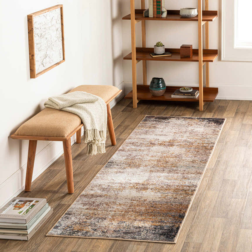 Entryway scene with a brown wood bench and Magbay Washable Area Rug runner in blue, brick red, and brown tones. Modern decor. Roomscene-Runner