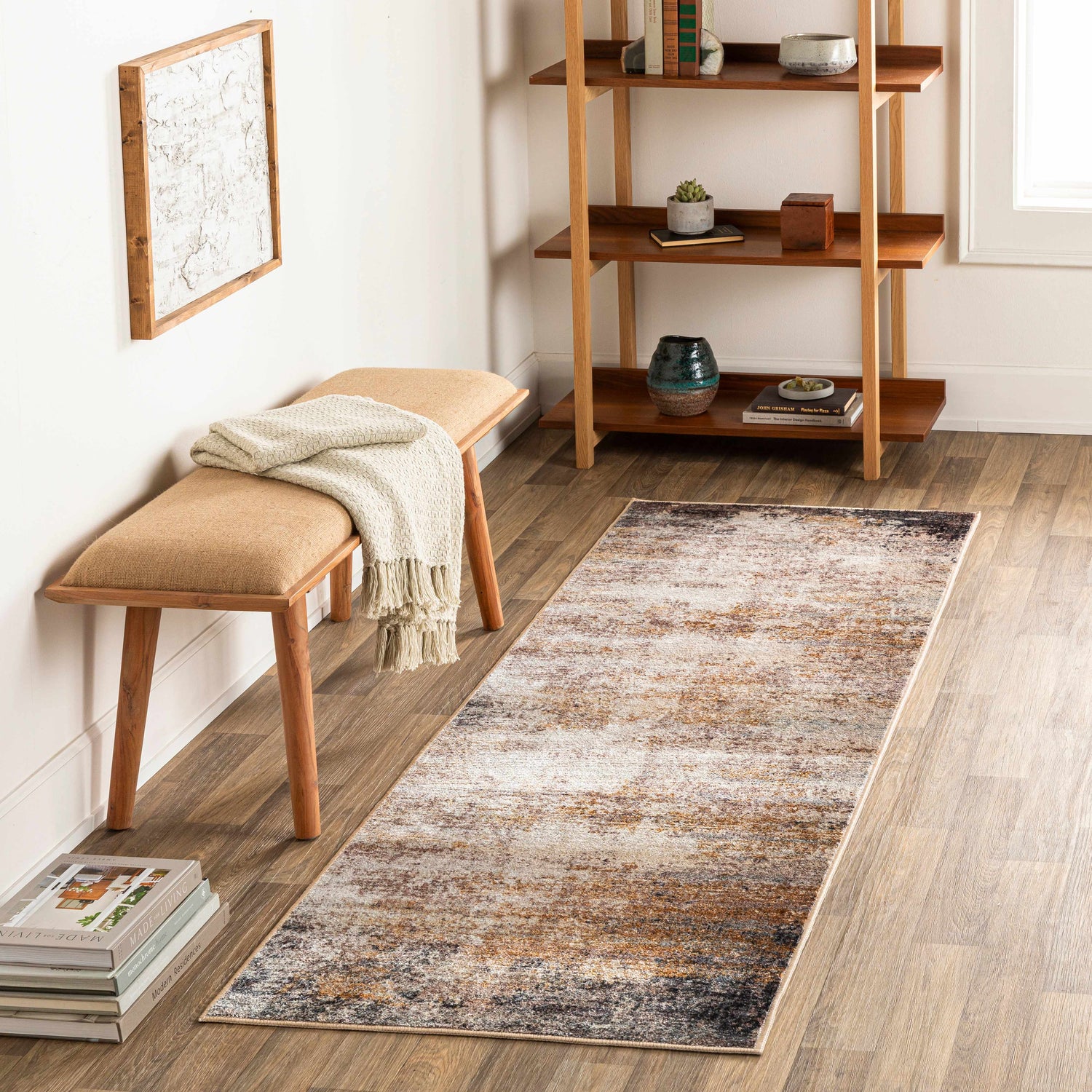 Entryway scene with a brown wood bench and Magbay Washable Area Rug runner in blue, brick red, and brown tones. Modern decor. Roomscene-Runner