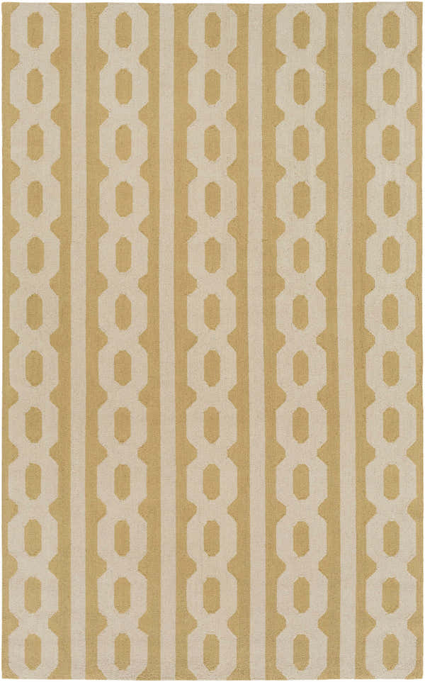Close-up of the Magno Geometric Area Carpet. Light beige and tan wool rug with a contemporary geometric pattern. Design-Rectangle-576