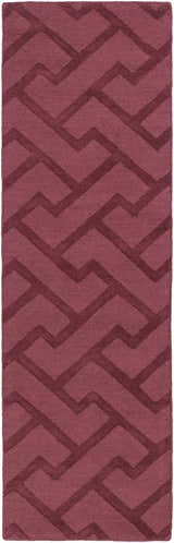 Close-up of the Magness Area Rug. Plum wool rug with a contemporary geometric pattern. Hand-loomed texture. Design-Runner-268