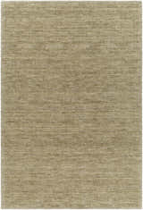 Close-up of the hand-loomed Magpet Area Rug. The 100% wool rug has a textured, contemporary design in light beige and olive tones. Design-Rectangle-576