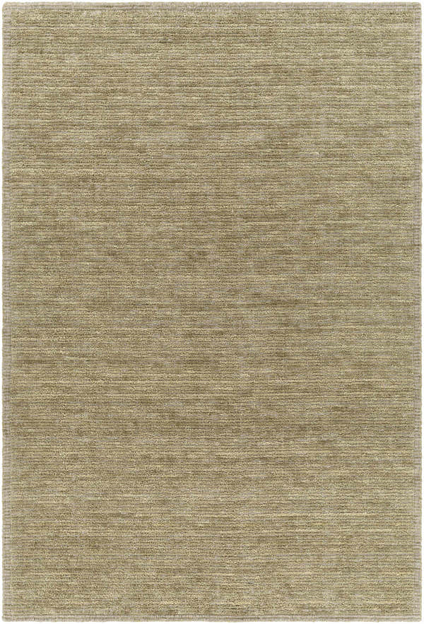 Close-up of the hand-loomed Magpet Area Rug. The 100% wool rug has a textured, contemporary design in light beige and olive tones. Design-Rectangle-576