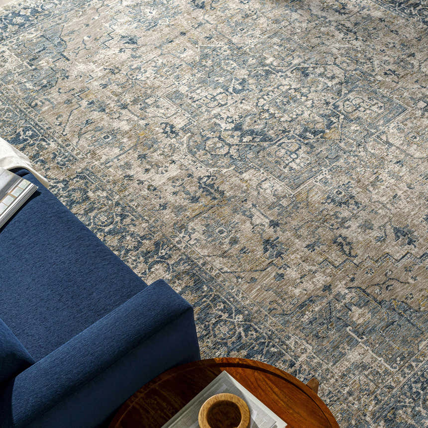 Living room scene with blue sofa, wood table, and the beige and blue Magrath Area Rug. Styleshot
