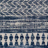 Close-up of Mahinog Area Carpet. Bohemian style rug with light blue, navy, and off white geometric pattern. Texture