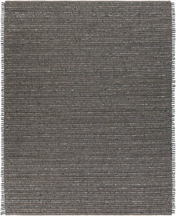 Close-up of the hand-woven Maidsville Carpet. Gray and light brown wool rug with natural fiber texture and fringed edges. Design-Rectangle