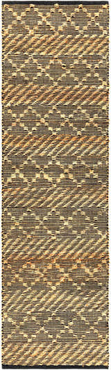 Close-up of the Malidong Jute Carpet. Black and tan jute rug with a hand-woven geometric pattern and natural texture. Design-Runner-268