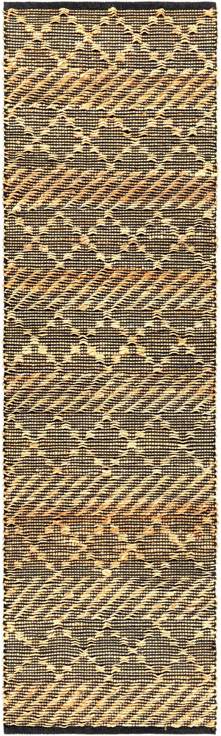 Close-up of the Malidong Jute Carpet. Black and tan jute rug with a hand-woven geometric pattern and natural texture. Design-Runner-268