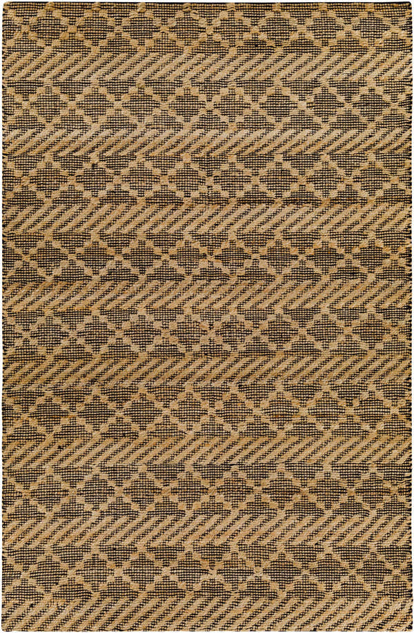 Close-up of the Malidong Jute Carpet. Tan jute rug with a black geometric pattern. Hand woven texture. Bohemian style. Design-Rectangle-576
