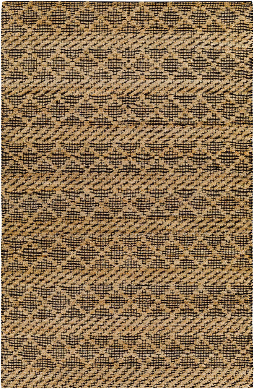 Close-up of the Malidong Jute Carpet. Tan jute rug with a black geometric pattern. Hand woven texture. Bohemian style. Design-Rectangle-576