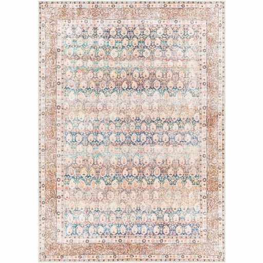 Close-up of the Maligaya Distressed Washable Rug. Persian-style rug with bone, gray, nutmeg, and blue tones. Machine woven. Design-Rectangle-537