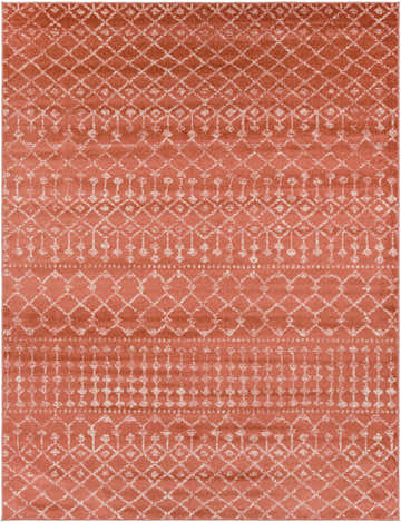 Close-up of the Malisbeng Area Rug. Bohemian style rug in brick red with cream geometric diamond and tassel pattern. Design-Rectangle-710103