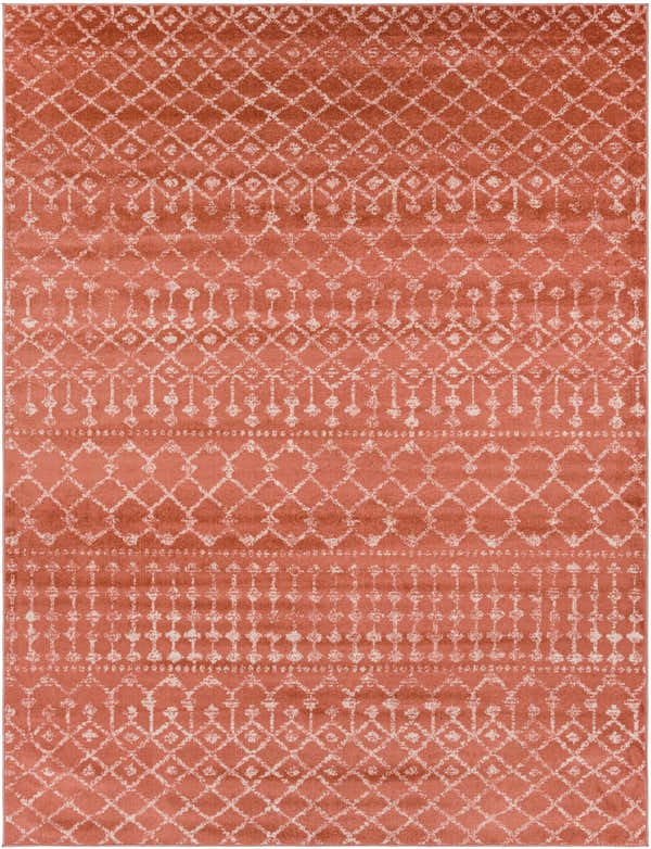 Close-up of the Malisbeng Area Rug. Bohemian style rug in brick red with cream geometric diamond and tassel pattern. Design-Rectangle-710103