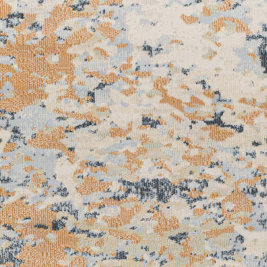 Close-up of Mallow Area Carpet showing abstract beachhouse, camel, and gray design. Contemporary style. Swatch