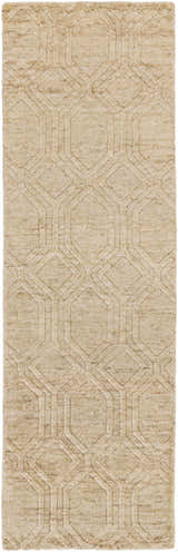 Close-up of Manchester Clearance Jute Rug. Beige jute rug with a geometric diamond pattern and hand-knotted texture. Design-Runner-268