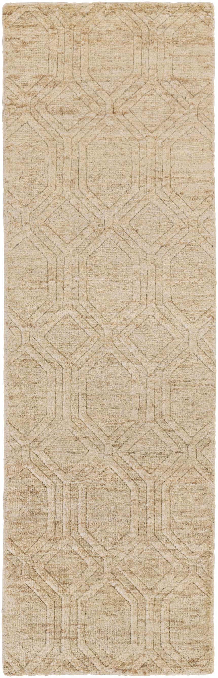 Close-up of Manchester Clearance Jute Rug. Beige jute rug with a geometric diamond pattern and hand-knotted texture. Design-Runner-268
