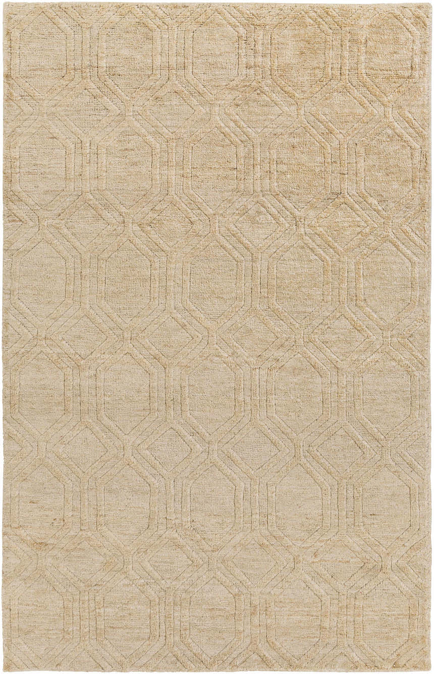 Close-up of the Manchester Clearance Jute Rug showing its beige color and geometric pattern. Natural fiber texture. Design-Rectangle-58