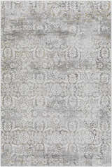 Close-up of the Mandurah Area Rug showcasing its traditional charcoal, cream, and gray floral pattern. Design-Rectangle-573