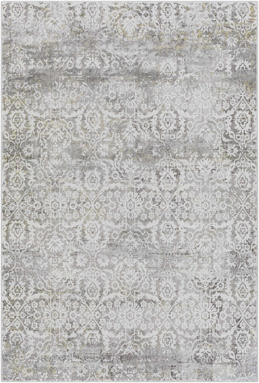 Close-up of the Mandurah Area Rug showcasing its traditional charcoal, cream, and gray floral pattern. Design-Rectangle-573