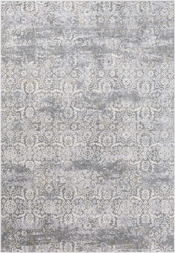 Close-up of the Mandurah Area Rug showcasing its traditional cream and gray floral pattern and soft texture. Design-Rectangle-6796