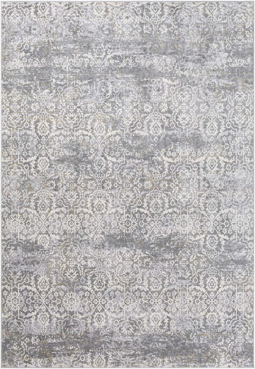 Close-up of the Mandurah Area Rug showcasing its traditional cream and gray floral pattern and soft texture. Design-Rectangle-6796