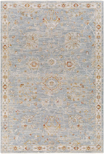 Close-up of the Mangham Thick Luxe Area Rug in blue, brick red, and beige. Traditional oriental rug design with a soft, luxe texture. Design-Rectangle-575
