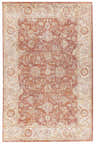 Close-up of the Maniwaki Area Rug. Brick red rug with traditional floral pattern and light beige border. Design-Rectangle-6796