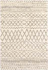 Close-up of the hand-knotted Manquin Area Rug. Ivory wool rug with taupe diamond and geometric patterns. Farmhouse style. Design-Rectangle-576