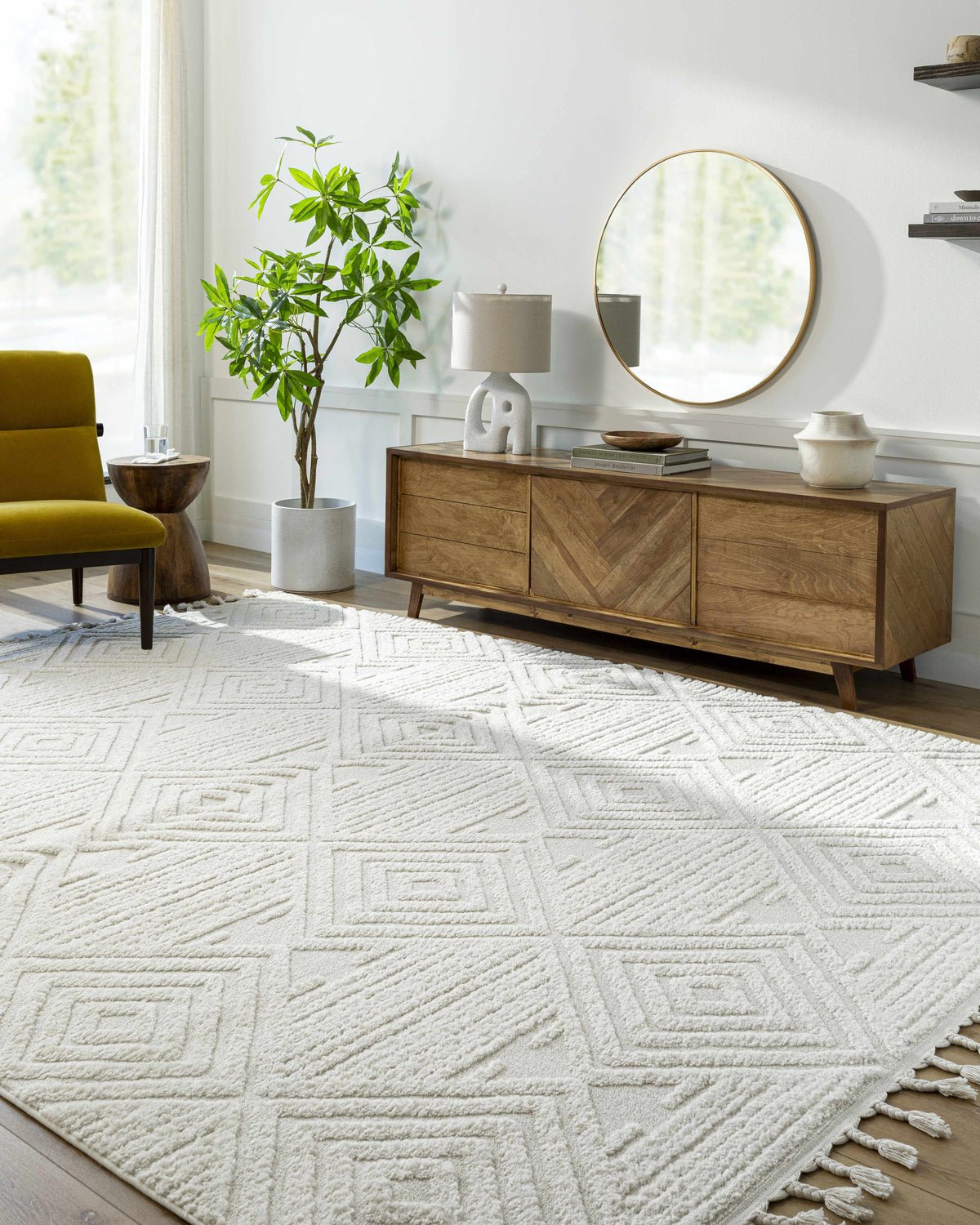 Manyas 3D Bone Area Rug with Tassels
