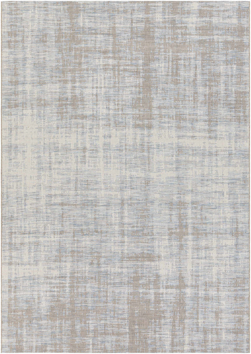 Close-up of the Manzanita Area Rug. Contemporary design in blue, cream, pale blue, and taupe. Machine woven texture. Design-Rectangle-7111011