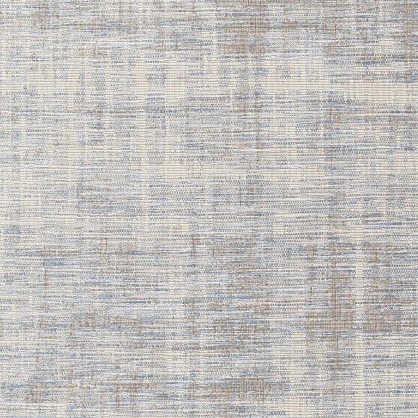 Close-up of the Manzanita Area Rug. Contemporary design in blue, cream, pale blue, and taupe. Machine woven texture. Swatch