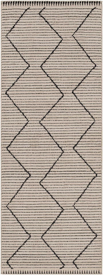 Close-up of the Maonon Area Rug: dark gray geometric zigzags on lambswool-colored polyester. Machine woven texture. Design-Runner-2773