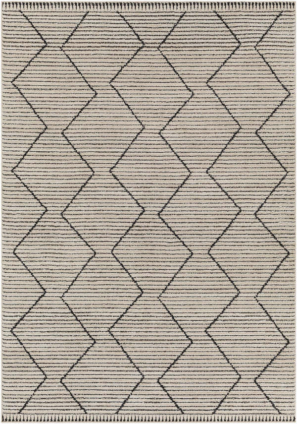 Close-up of the Maonon Area Rug. Dark gray geometric diamond pattern on a lambswool and multi-brown striped background. Design-Rectangle-537