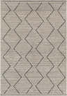 Close-up of the Maonon Area Rug. Dark gray geometric diamond pattern on a lambswool and multi-brown striped background. Design-Rectangle-537