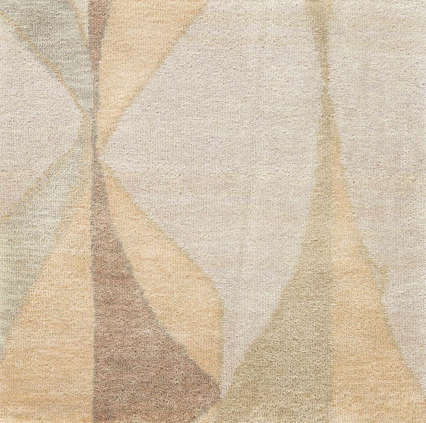 Close-up of the Marblemount Carpet. Hand-knotted wool rug with a contemporary geometric pattern in brown, tan, and olive tones. Swatch
