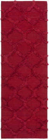 Close-up of the red Marilla Area Rug. This hand woven wool rug features a shag, geometric trellis pattern. Design-Runner-268