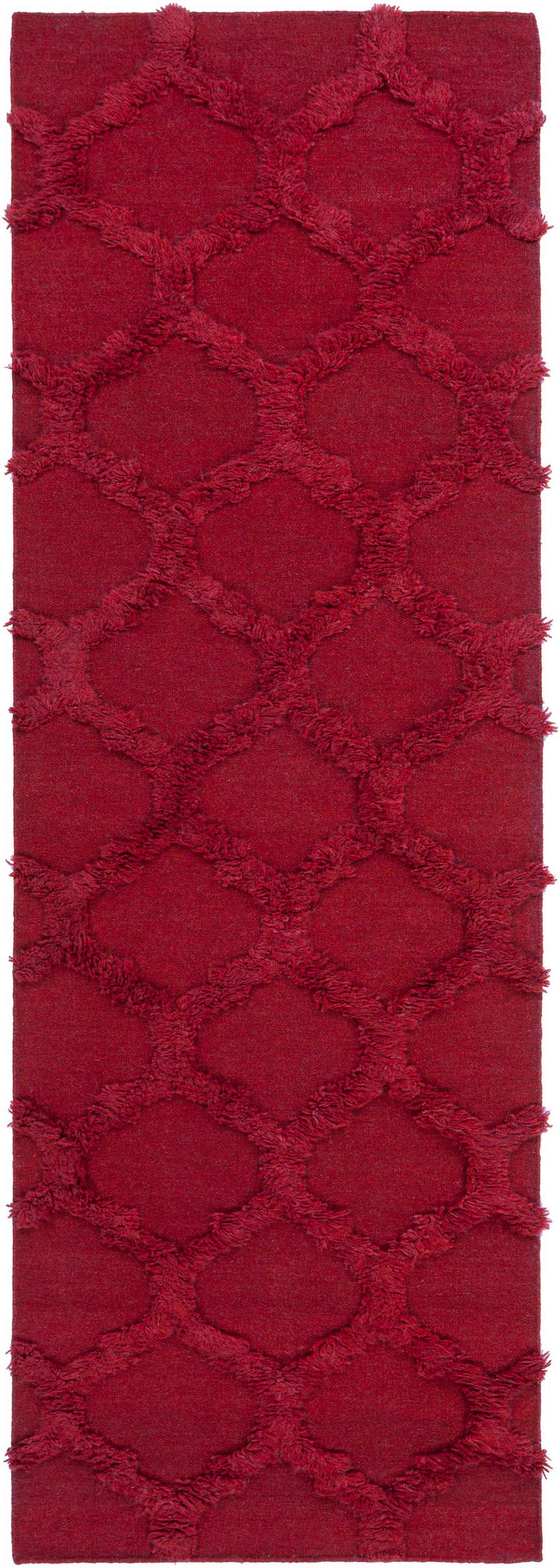 Close-up of the red Marilla Area Rug. This hand woven wool rug features a shag, geometric trellis pattern. Design-Runner-268