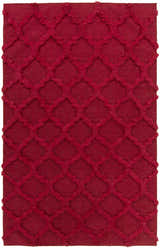 Close-up of the red Marilla Area Rug, a hand-woven wool shag with a diamond trellis pattern. Design-Rectangle-58