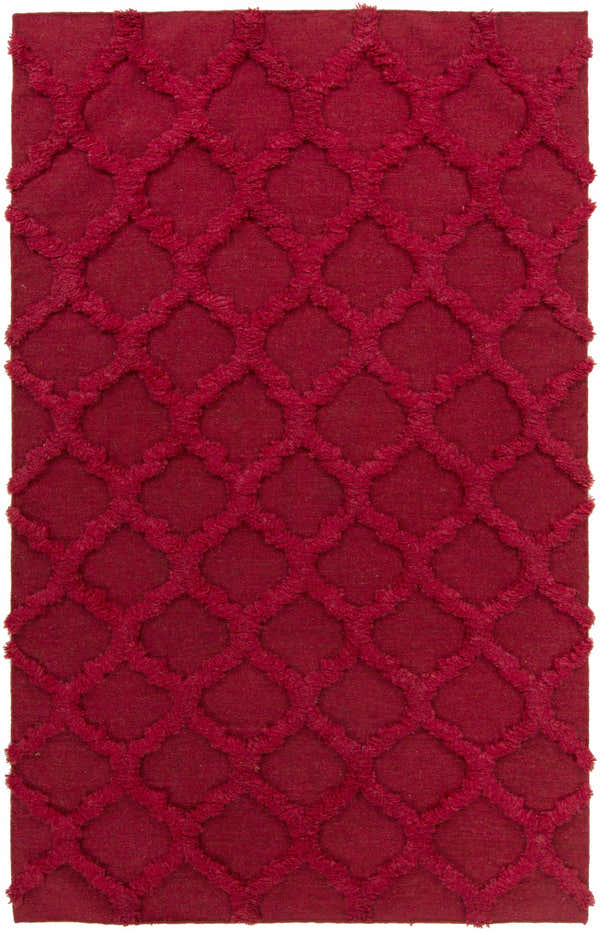 Close-up of the red Marilla Area Rug, a hand-woven wool shag with a diamond trellis pattern. Design-Rectangle-58