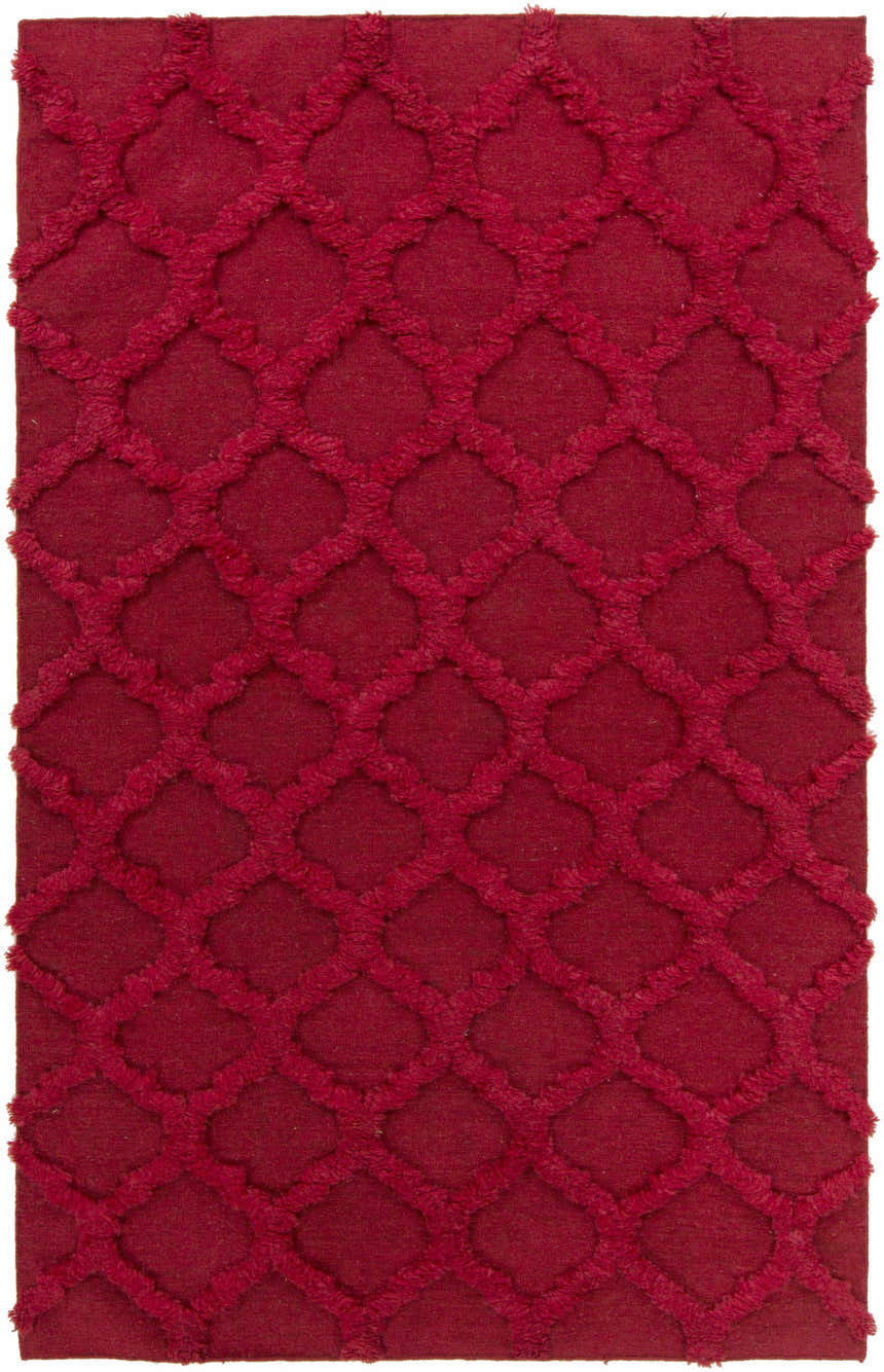 Close-up of the red Marilla Area Rug, a hand-woven wool shag with a diamond trellis pattern. Design-Rectangle-58