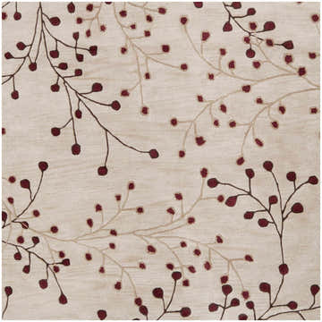 Close-up of Elsu Beige & Burgundy rug showing a botanical pattern of burgundy berries and tan branches on a beige wool texture. Design-Square-8