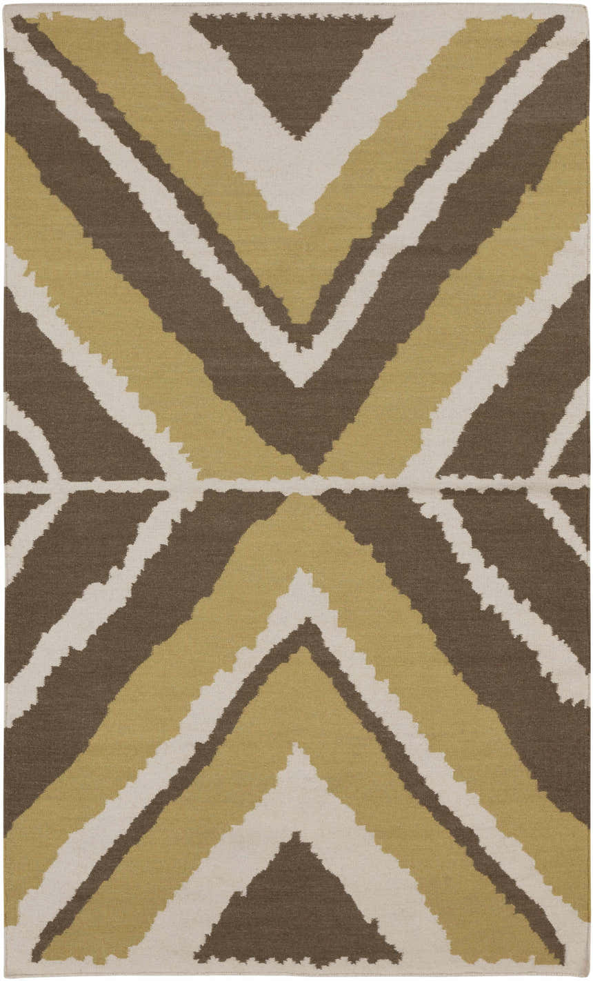 Close-up of the hand woven Marysville Carpet. Light beige, olive, and brown chevron pattern. Contemporary farmhouse style. Design-Rectangle-58